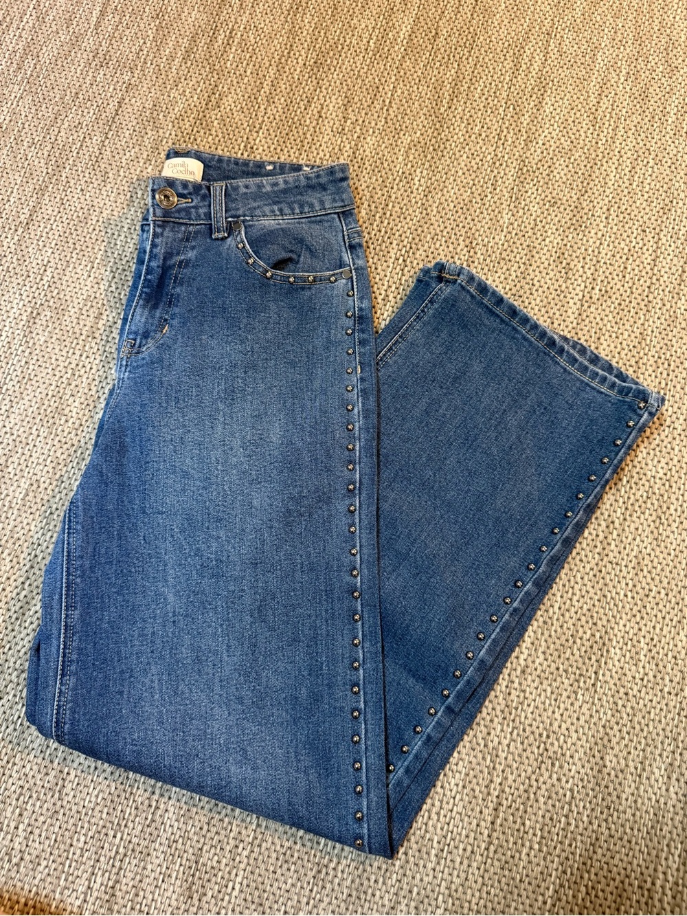 Camila Coelho Blue Denim Stud-Embellished Wide-Leg Jeans